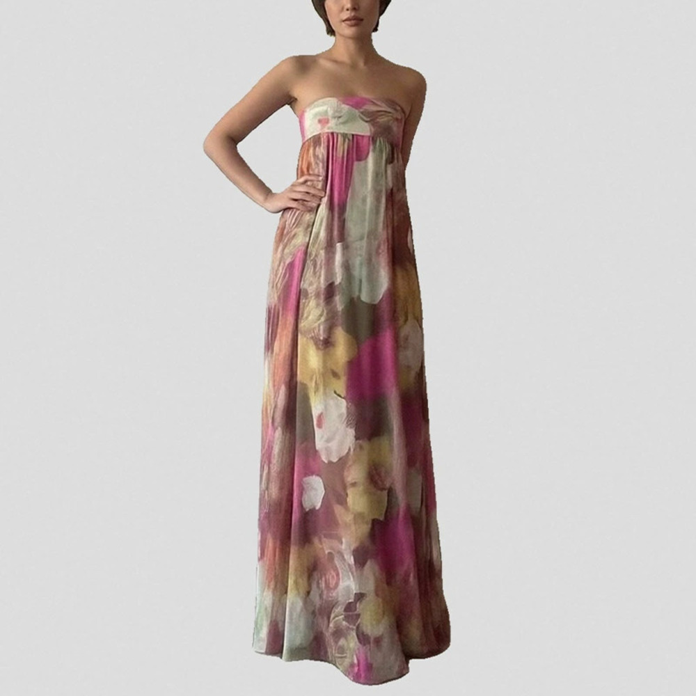 ZARA Summer Printed Strapless Backless Maxi Dress Resort Style